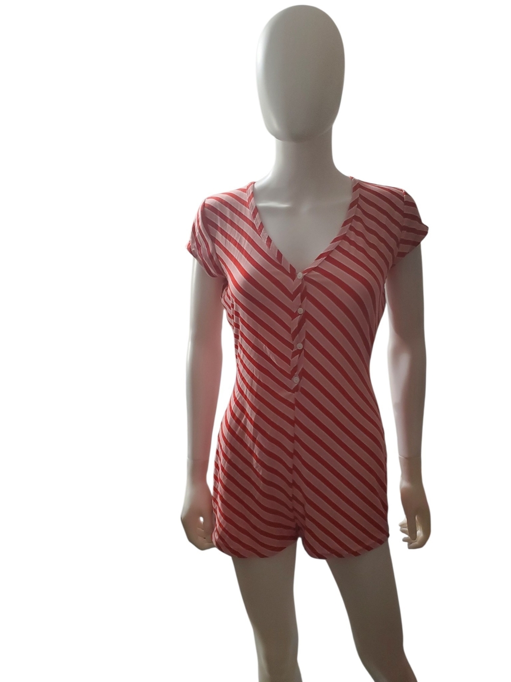 Not Tired Pink Red Striped Snap-Back Romper Pajamas Size M